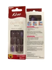 1 x 24 Kiss Nails TWEET EMOTI Short Square Fashion Glitter Purple Glitter Shiny