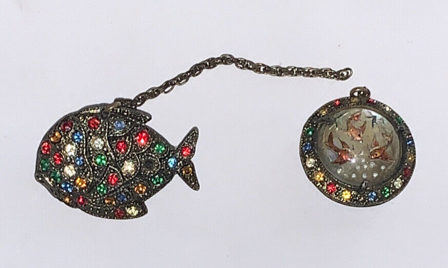 Vintage Fish And Fishbowl Brooch Pin W/ Connecting Chain Rhinestone Multicolor