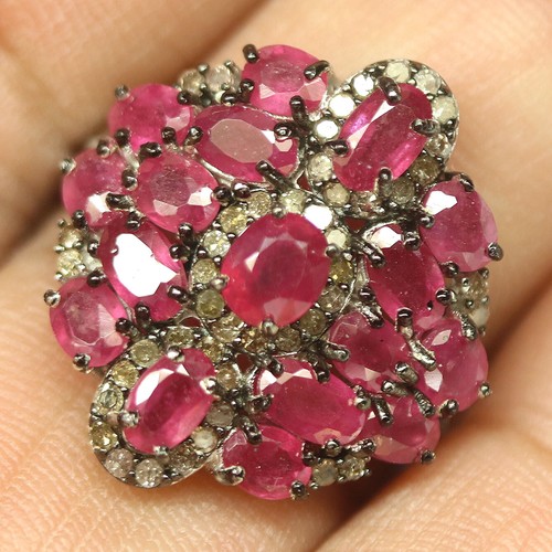 Gemstone Red Ruby & Diamond Jewelry Ring 925 Silver Size 7.75 - Picture 2 of 4