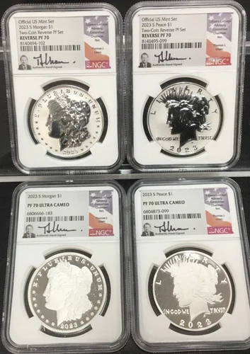 2023 Morgan & Peace Silver Dollar 4-coin PF-70 & RP-70 NGC SIGNATURE Thomas Uram
