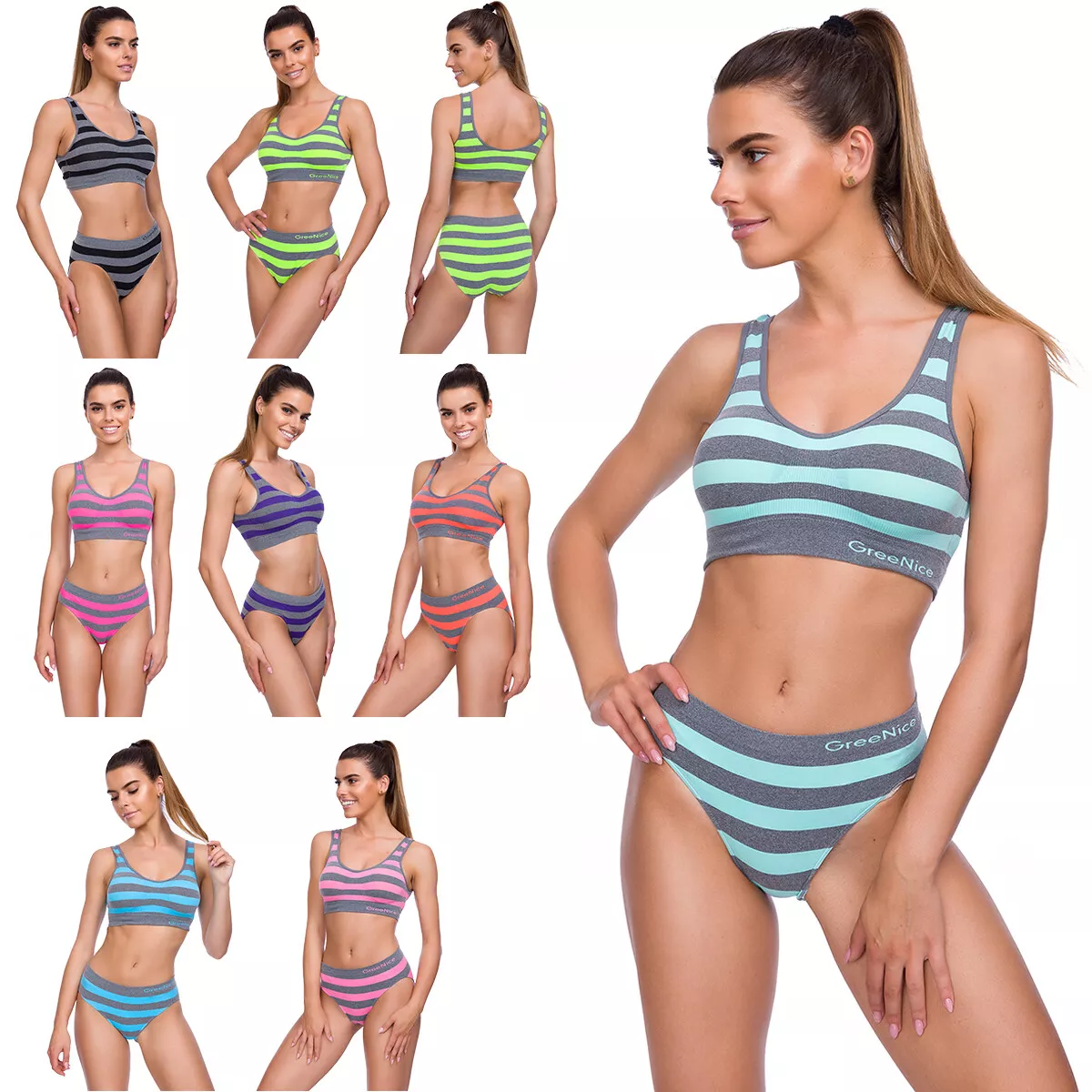 Ladies Striped Underwear Set Padded Top Push-Up Bra+Knickers Fitted  Lingerie Kit