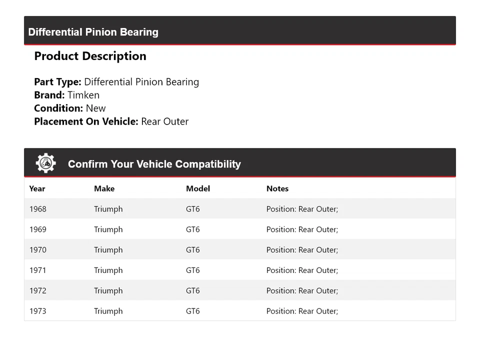 Задний внешний подшипник дифференциальной шестерни для 1968-1973 Triumph GT6 Timken 1969 - Изображение 2 из 4