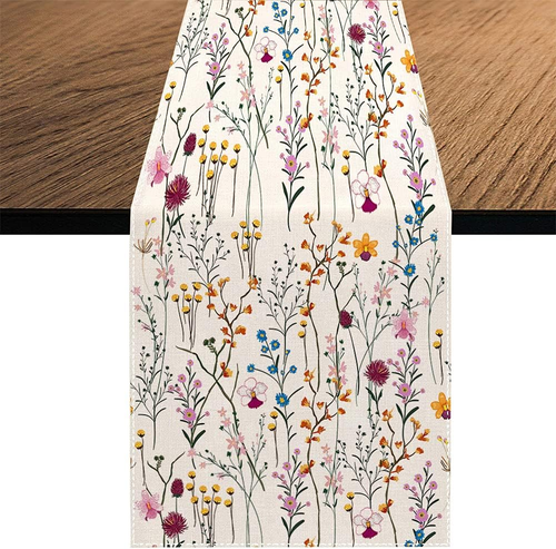 Watercolor Wild Flowers Table Runner, Seasonal Summer Holiday Kitchen Dining Tab