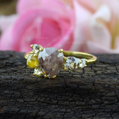 Natural Cluster Salt & Pepper Diamond Solid 14K Yellow Gold Fine Engagement Ring - Picture 11 of 15