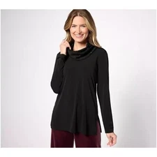 Susan Graver Regular Liquid Knit Tunic with Sequin Cowl Neck Black Women Medium