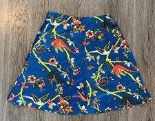 1970's Blue  Yellow Vintage Skater Circle Skirt, Size Small Bird  Floral Print