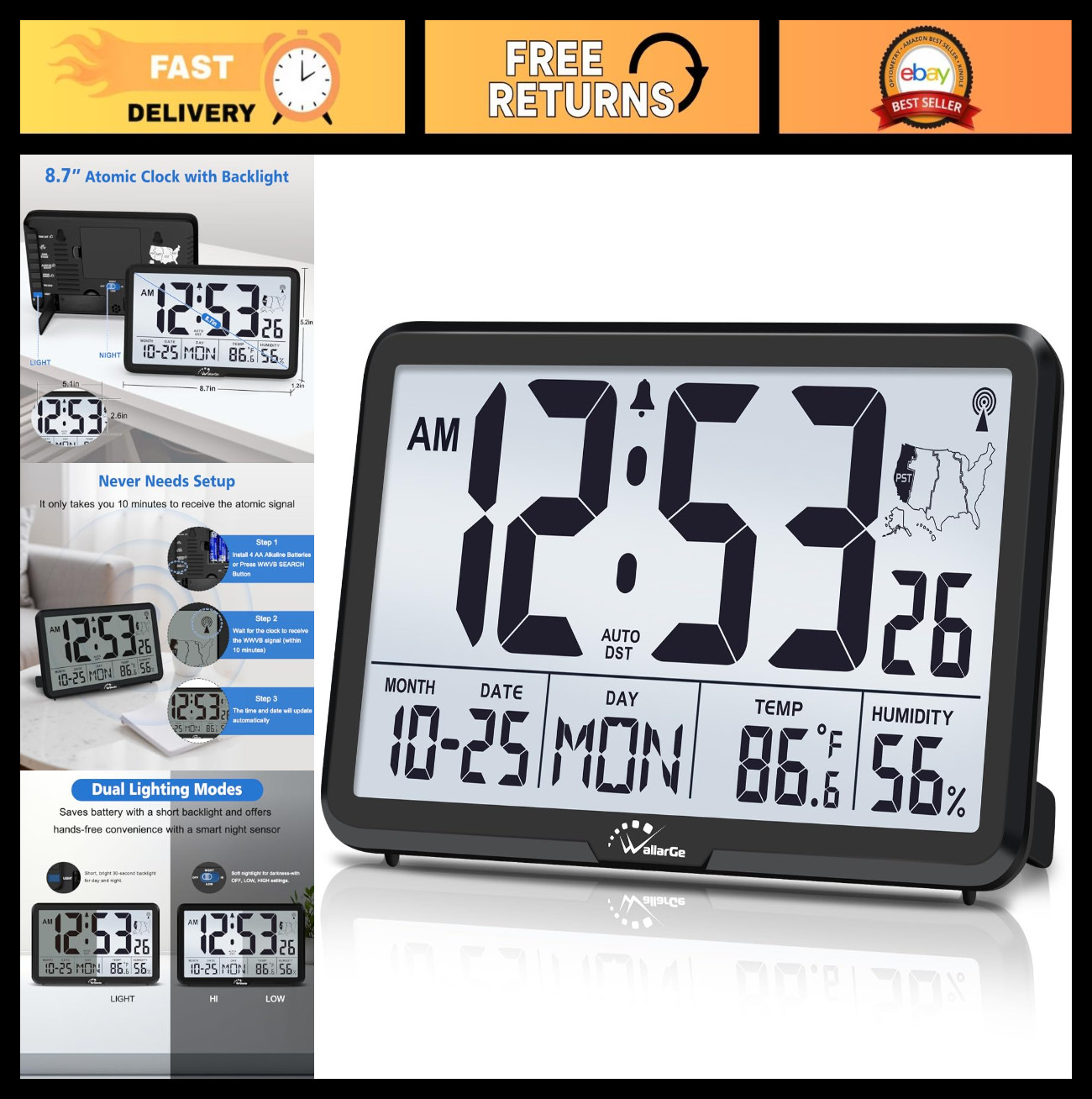 Large Digital Wall Clock with Backlight, Battery Operated, I