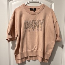 DKNY JEANS Women's Beige Knit Pullover Sweater Short Sleeve Crew Neck Stretch