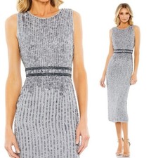 Mac Duggal Platinum Beaded Sequin Midi Sheath Dress Silver Gray Size 10 NWT