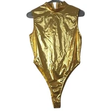 iefiel Gold Metallic Bodysuit with High Collar Size XL