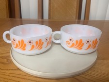 VINTAGE PAIR OF GLASBAKE SOUP BOWLS J-2711 FRIENDSHIP PATTERN WITH HOOP HANDLES