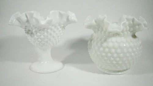 Vintage Fenton Vase & Candy Dish/Compote Milk Glass Hobnail Ruffled Top