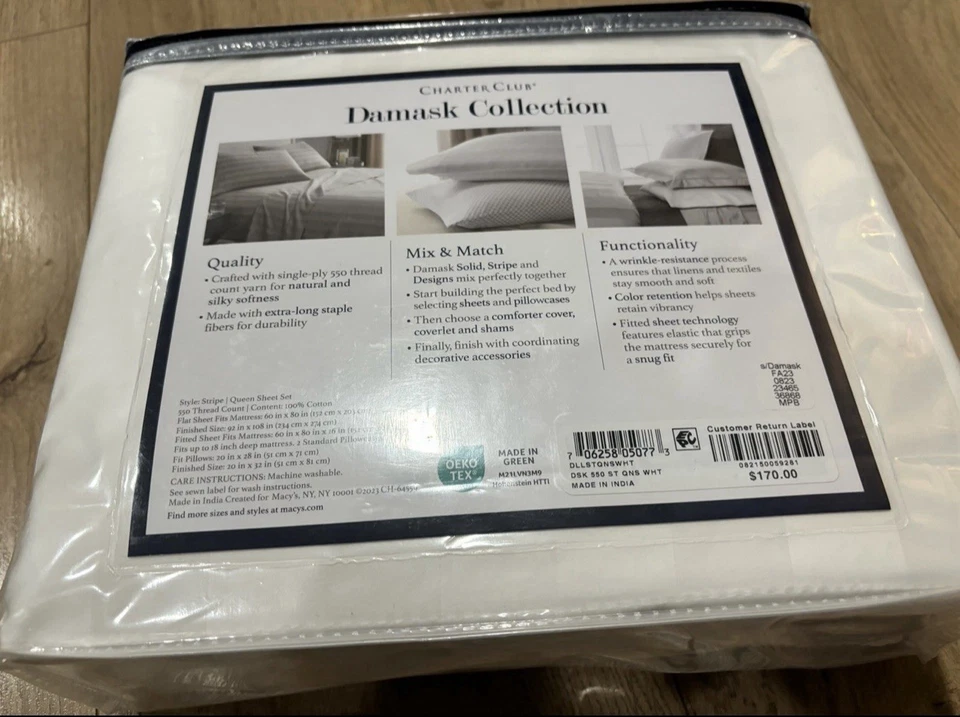 Juego de sábanas de 1,5" a rayas 550 hilos 100 % algodón 4 piezas Queen, marca Charter-Club Foto 2 de 4