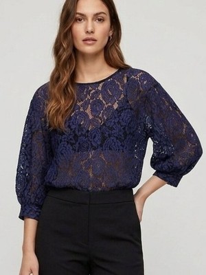 Luna Moon Lace Blouse Sz M Blue Sheer Floral 3/4 Sleeve Top Career Romantic Chic