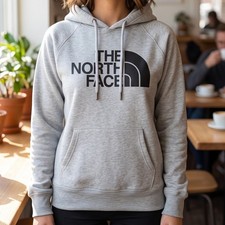 The North Face Womens Half Dome Pullover Hoodie Heather Grey Logo Sweatshirt M