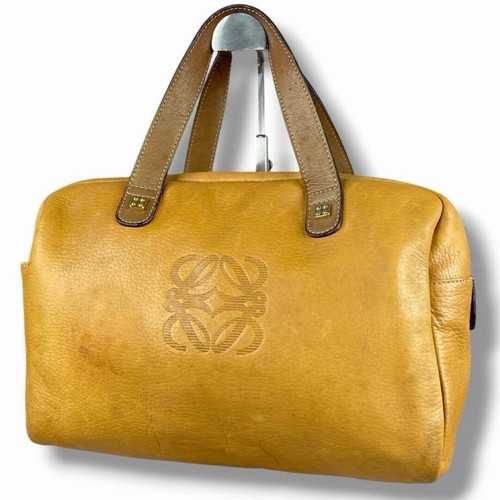 LOEWE Anagram Mini Boston Bag Mustard Leather Vintage Handbag Side Pocket