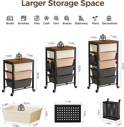 Carrello con 3 Cassetti, Cassettiera in Plastica con Ruota Bloccabile... - Foto 4 di 8