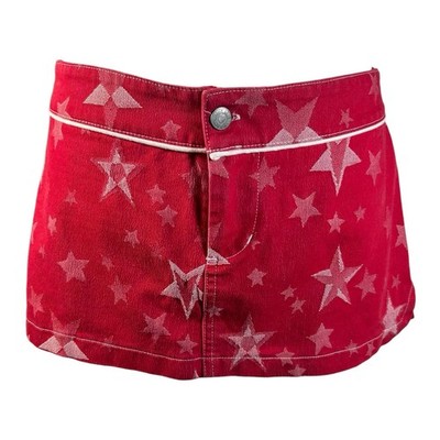 Y2K Lucy Love Red White Star Motif Micro Mini Skirt Denim Stretch Women's Sz M