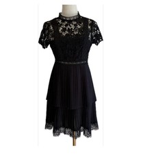 Zara NWOT Black Lace Inlay Pleated Layered Skirt Lace Hemline S