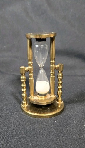 Miniature 3.75” Brass Hourglass Sand Timer 4 Minutes Vtg Egg Timer, Shelf Decor