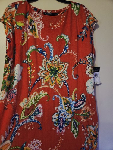 NEW Lauren Ralph Lauren XL New paisley floral orange 100% Linen Voile Dress - Picture 2 of 9