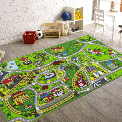 Kids' Train & City Rug - Non-Slip, Washable, Race Car Track Play Mat for Boys &