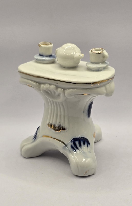 Porcelain Tea Set On Table 3.75" Miniature White/Blue w/Gold Trim Figurine