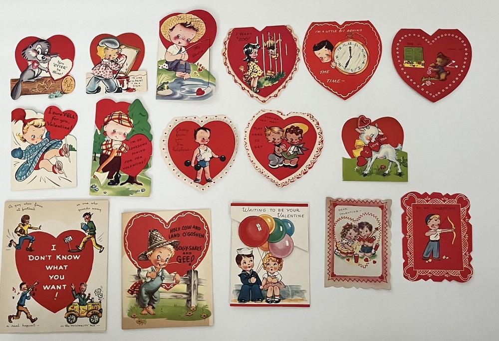 16 Vintage Valentine's Cards Americard Anthropomorphic 40's 50's Folded Children