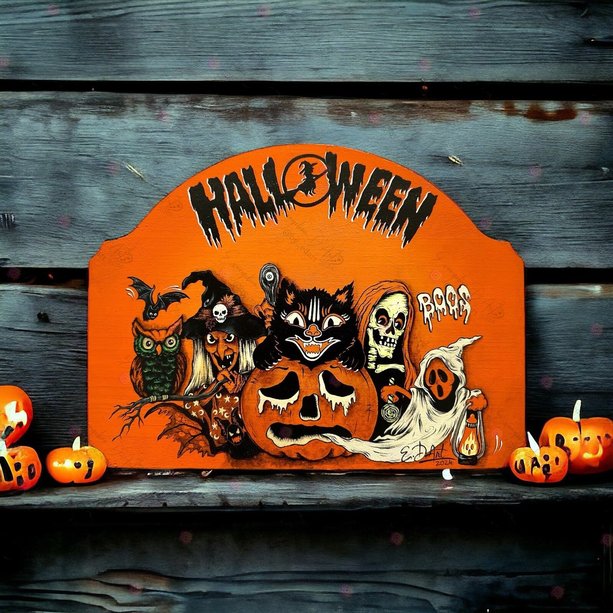 Unique Vintage Halloween Collectible Wood Sign Handmade Retro Art