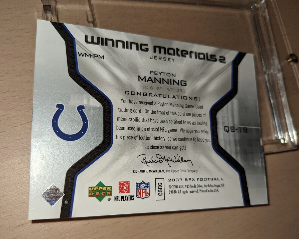 [Mint] Peyton Manning Dual Jersey Card 2007 Upper Deck Winning Materials - Image 2 of 4