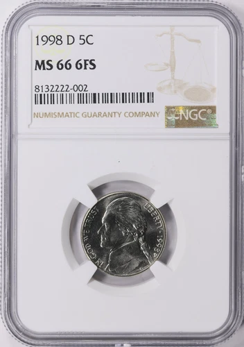 1998-D Jefferson Nickel NGC Mint State 66 6FS (6 Full Steps)