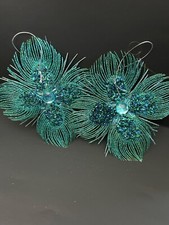 Glittering Teal  Green Peacock-Inspired Christmas Ornaments Gem Accents Set x 2