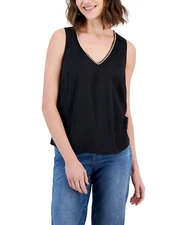 INC International Concepts Womens Large Chain-Trim V-Neck Tank Top in Black 2085