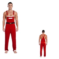 Mens Overalls Xmas Jumpsuit Flannel Costume Parties Suit Santa Claus Romper Soft