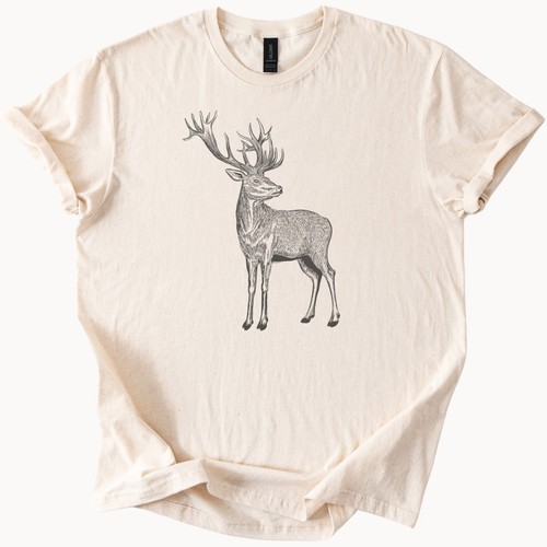Deer Graphic T Shirt Hand Drawn Animal Nature Art Forest Buck Tee Shirt