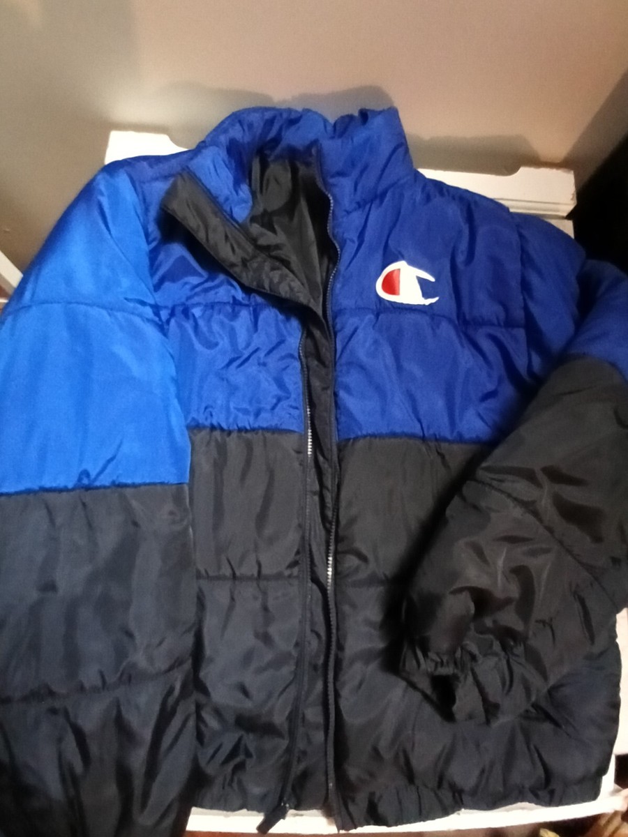 Champion Mens Stadium Puffer Jacket Blue Black Color Block Lined Mock Neck  Mediu