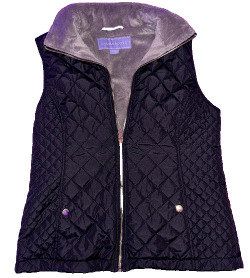 Laura Scott Black Quilted Puffer Vest Size Large, zippered, fuzzy