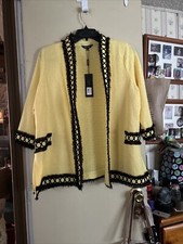 New With Tags -misook Tweed Yellow Black Fringe Knit Jacket Women’s Size Large