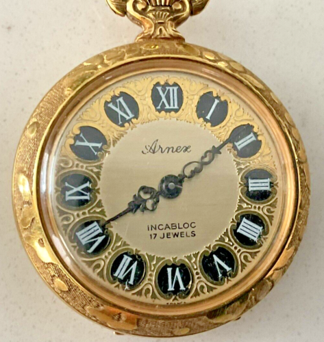 Women Arnex Gold Tone Swiss Pocket Watch 17 Jewels Keeps Time