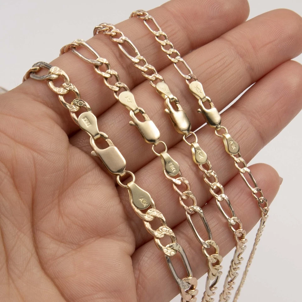 Collar de cadena de eslabones Figaro talla diamante oro amarillo blanco rosa de 10 quilates todos los tamaños Foto 4 de 4