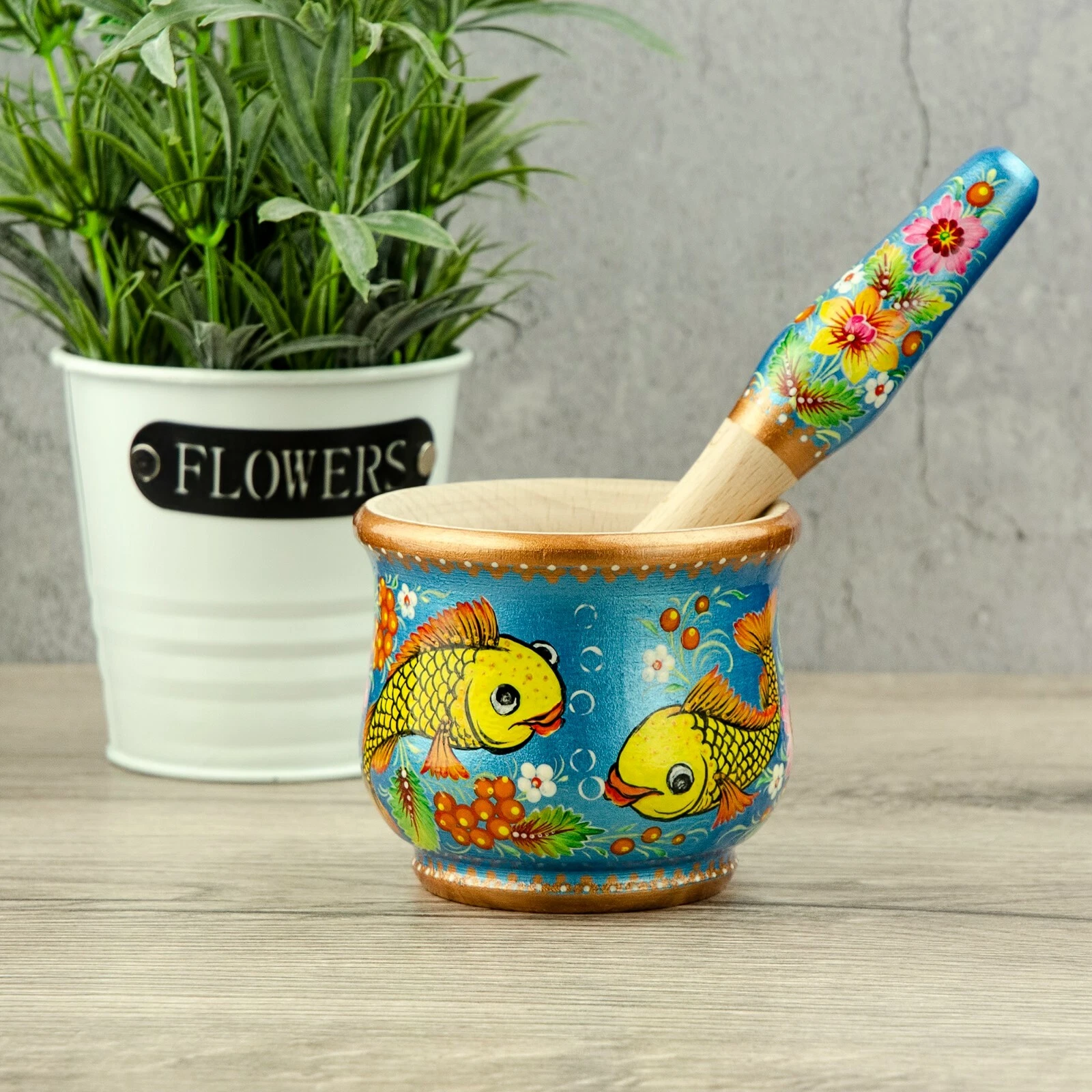 Mortar and pestle, painted in floral Ukrainian ornament| Set mortar and pestle