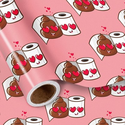 Valentine's Wrapping Paper Roll, Pink Smiling Toilet Paper & Happy Poop Emojis F
