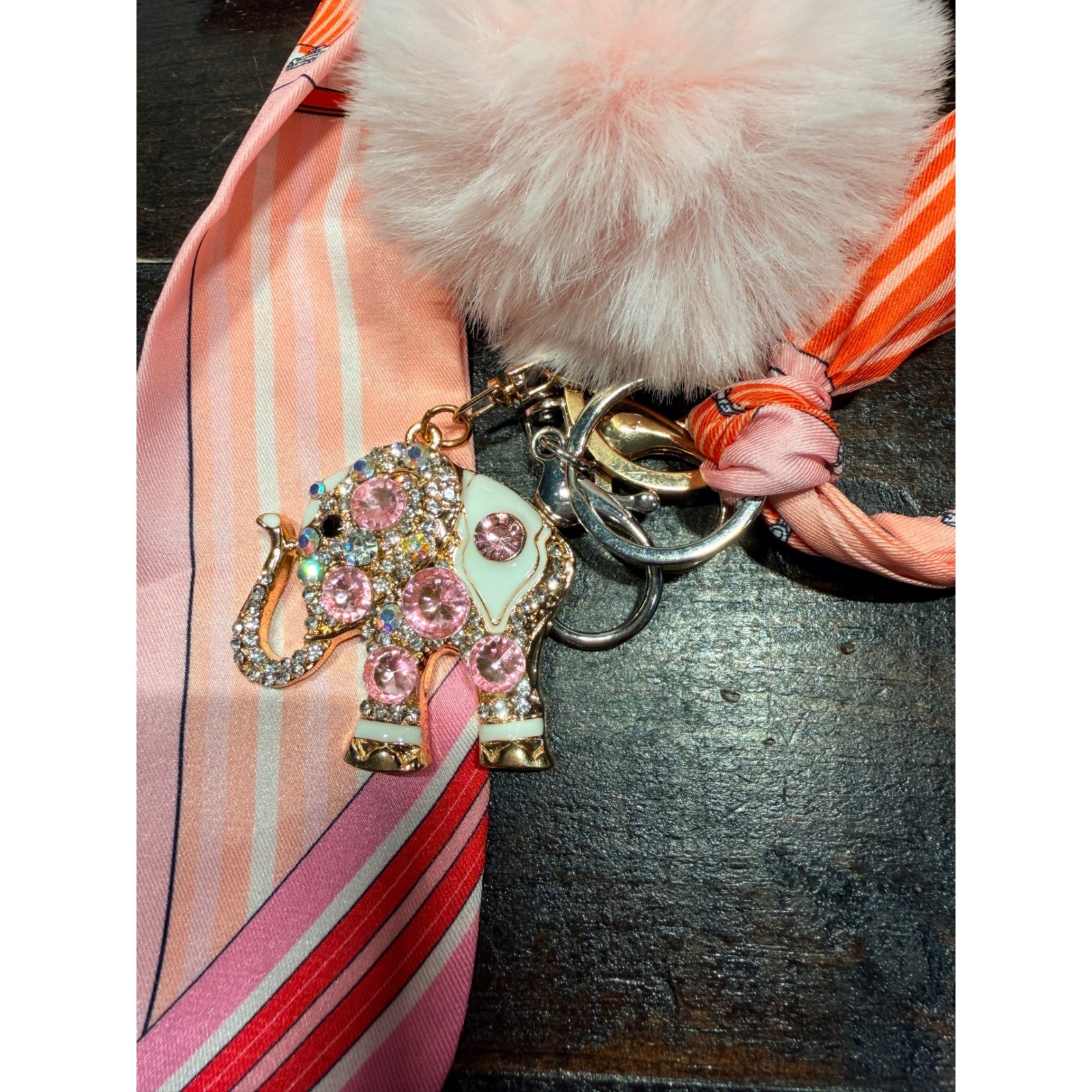 Rhinestone Elephant Keychain with Pink Pom Pom