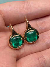 Natural Zambia Green Emerald Stud & Diamond Earrings 14k Solid Yellow Gold