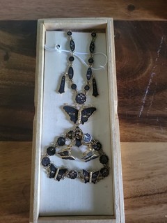 VINTAGE JAPANESE DAMASCENE NECKLACE BRACELET EARRING SET ORIGINAL BOX