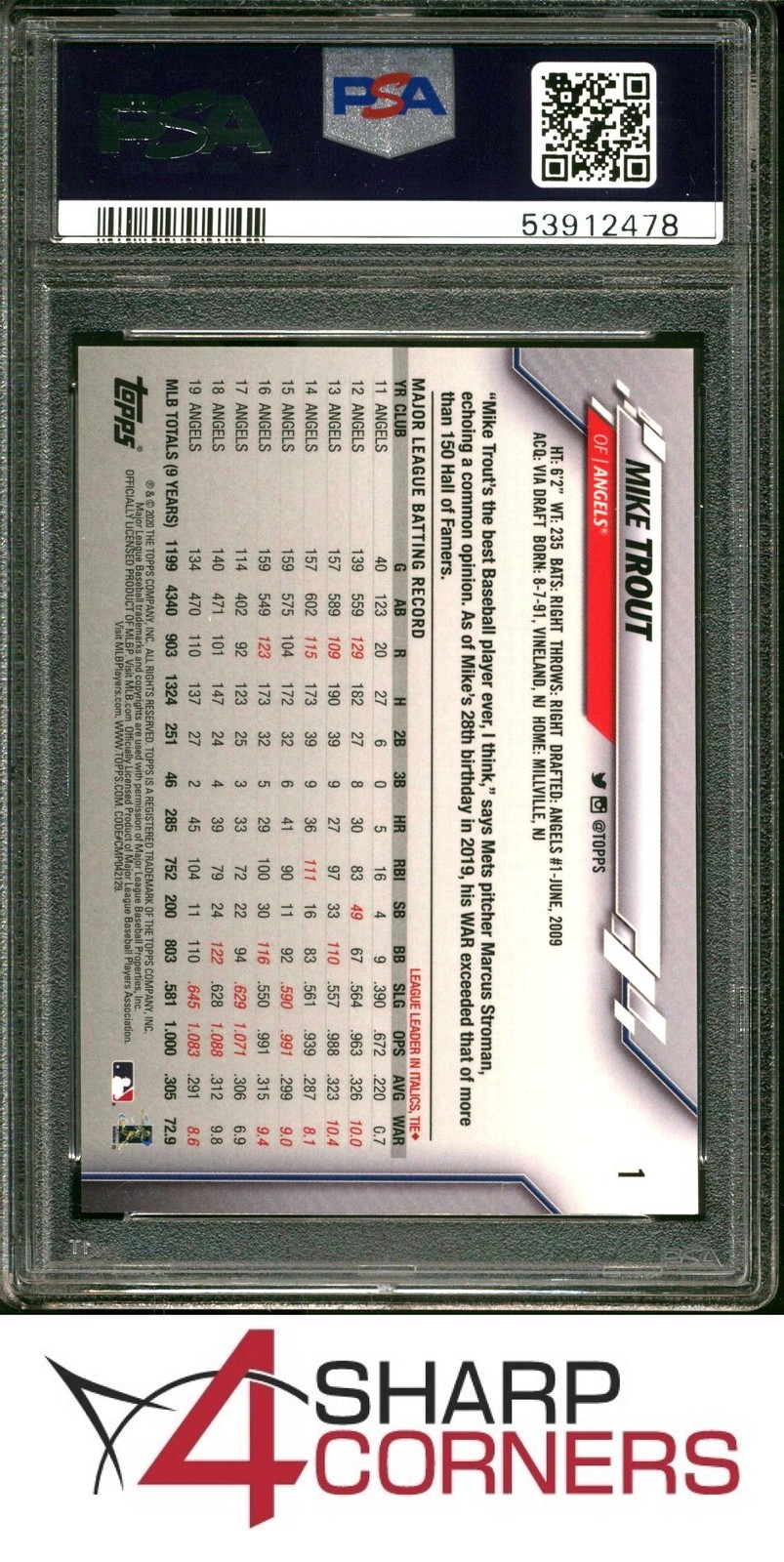2020 TOPPS ON DEMAND 3D #1 MIKE TROUT PSA 9 view 2