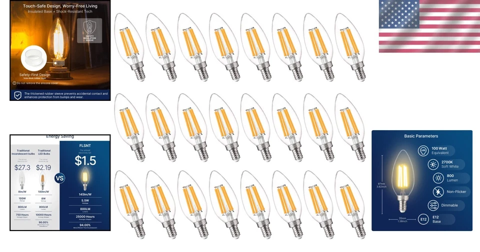 24-Pack Dimmable E12 LED Candelabra Bulbs - 100W Equivalent, Soft White (2700K) - Image 2 of 4