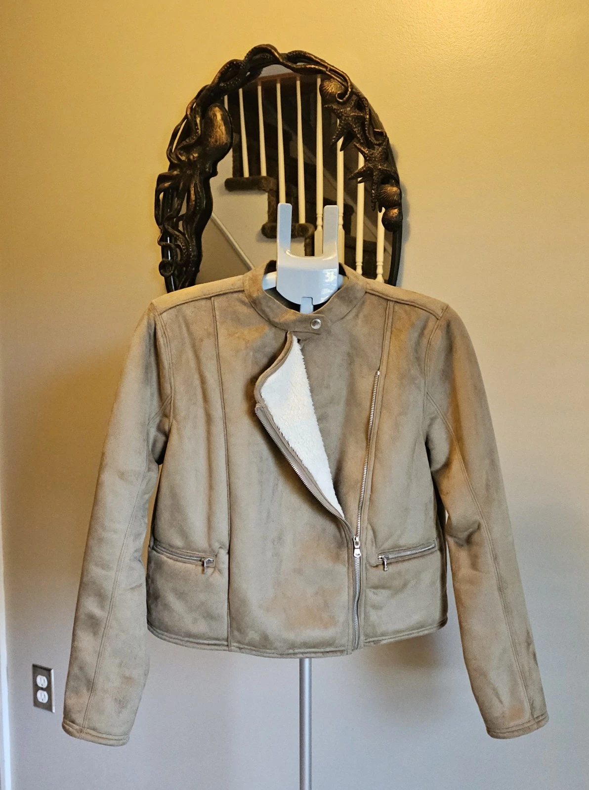 Lauren Ralph Lauren Tan Moto Jacket Faux Suede Sherpa Lined Womens Petite L PL