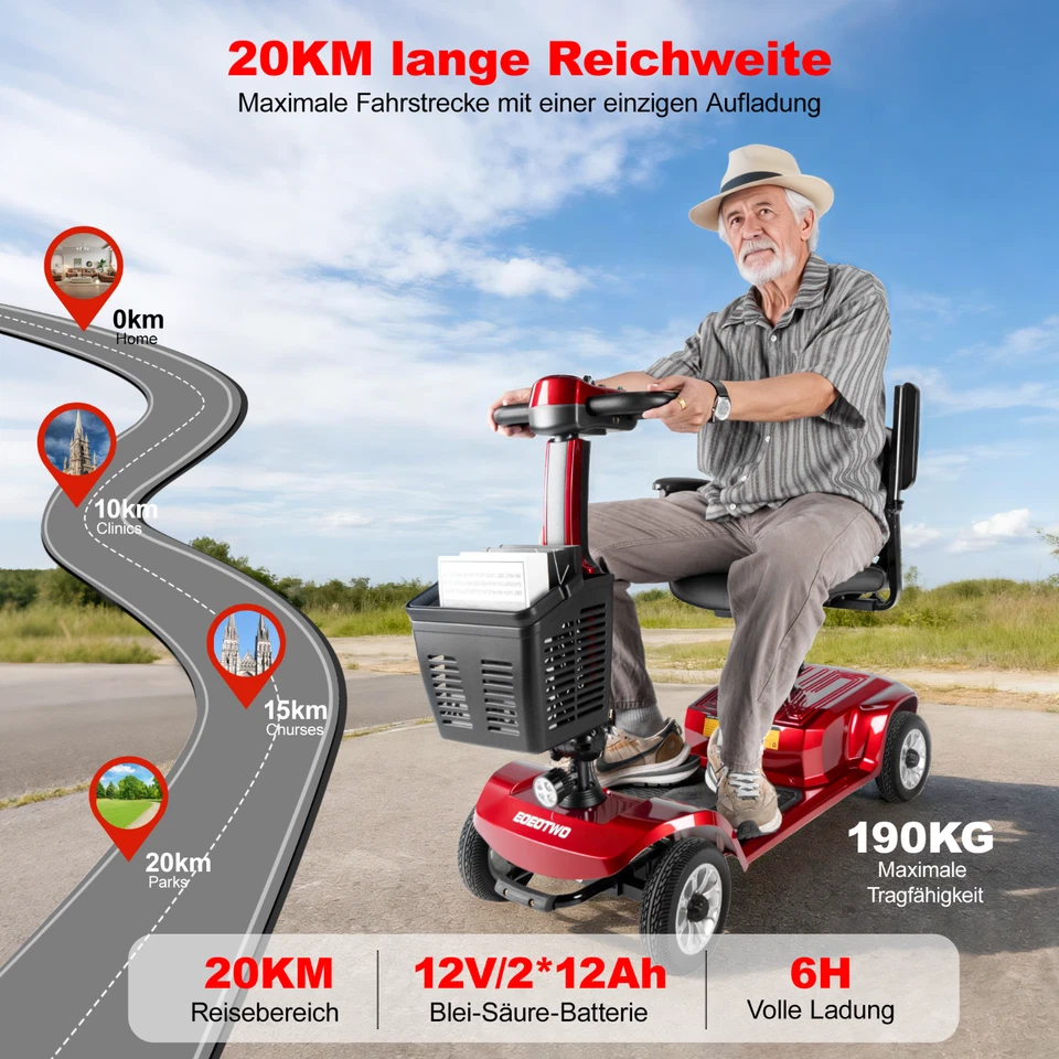 20KM Elektromobil Klappbar für Senioren,Stabiler Mobilitätsscooter bis 190KG - Bild 4 von 4