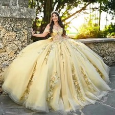 Yellow Quinceanera Dresses Off Shoulder Gold Lace Appliques Ball Gowns Sweet 16